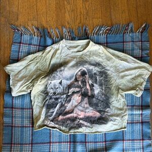 Vintage Cropped Tee Shirt with Wolf and Girl Design 2004